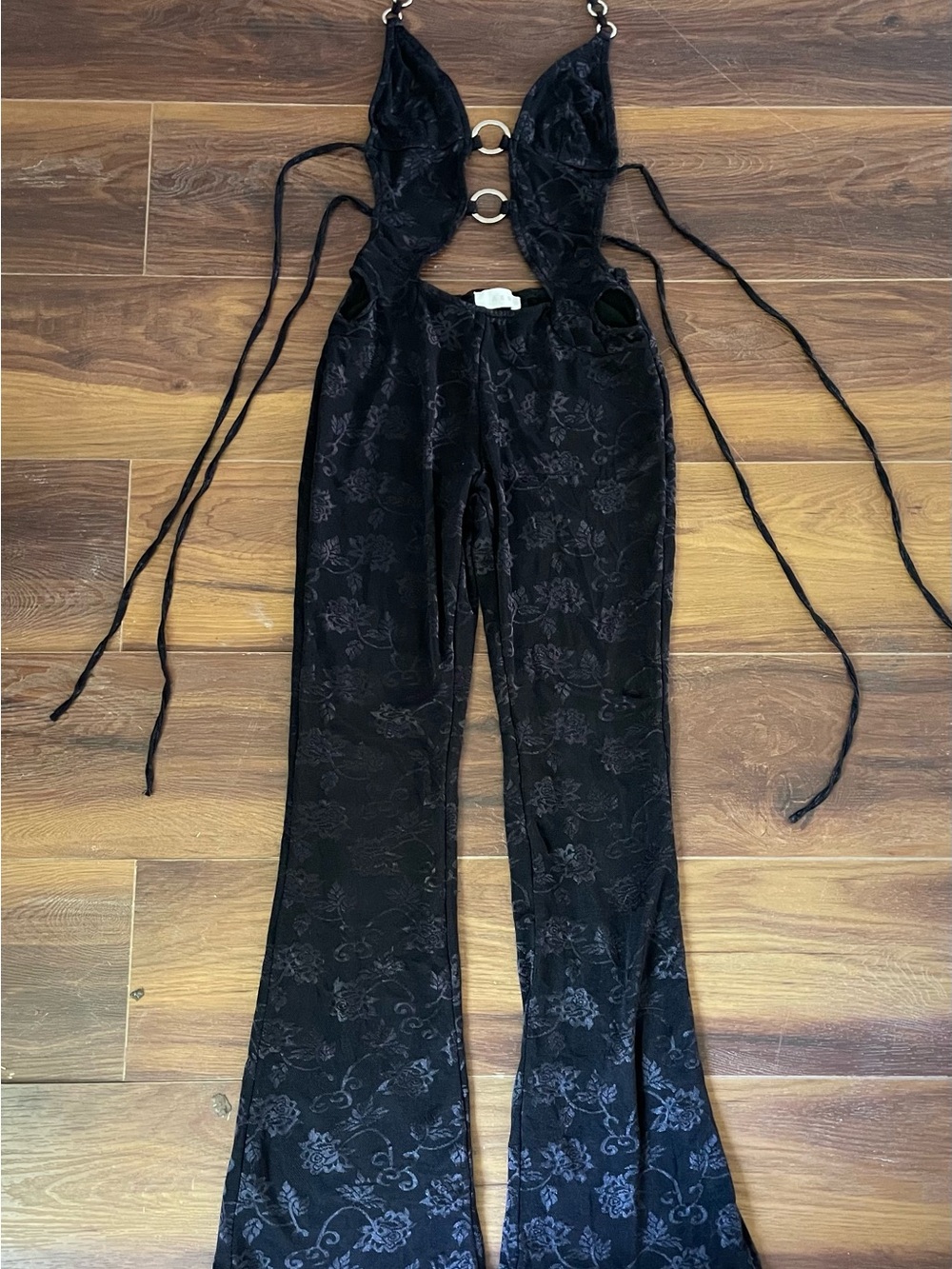 Black Floral Jacquard Halter Jumpsuit